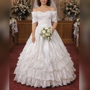 Mary's Import Bridals Vintage 80s White Organza Beaded Quince Wedding Dress 16